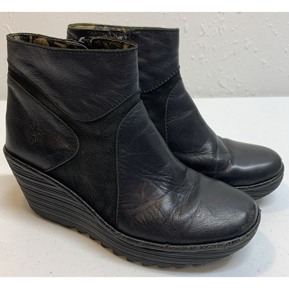 Fly London Yago Wedge Platform Ankle Boots 38 7.5-8 Black Gothic Grunge